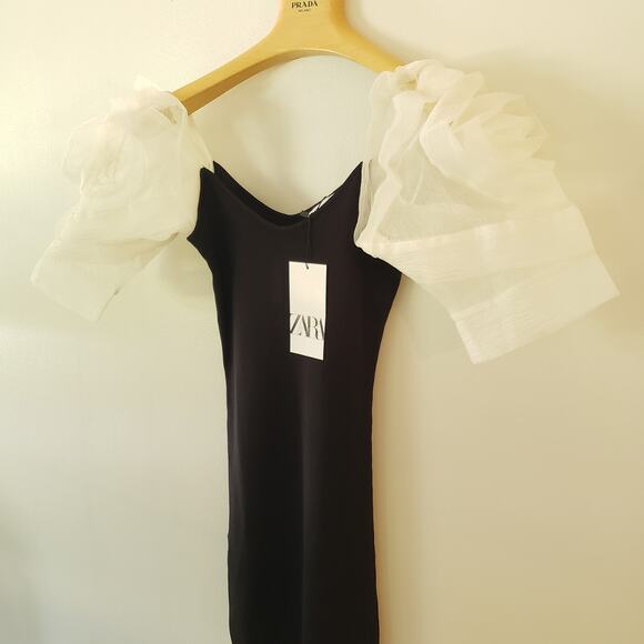 ZARA Voluminous Balloon Organza Sleeve Mini Dress Knit Size Small - Picture 8 of 10